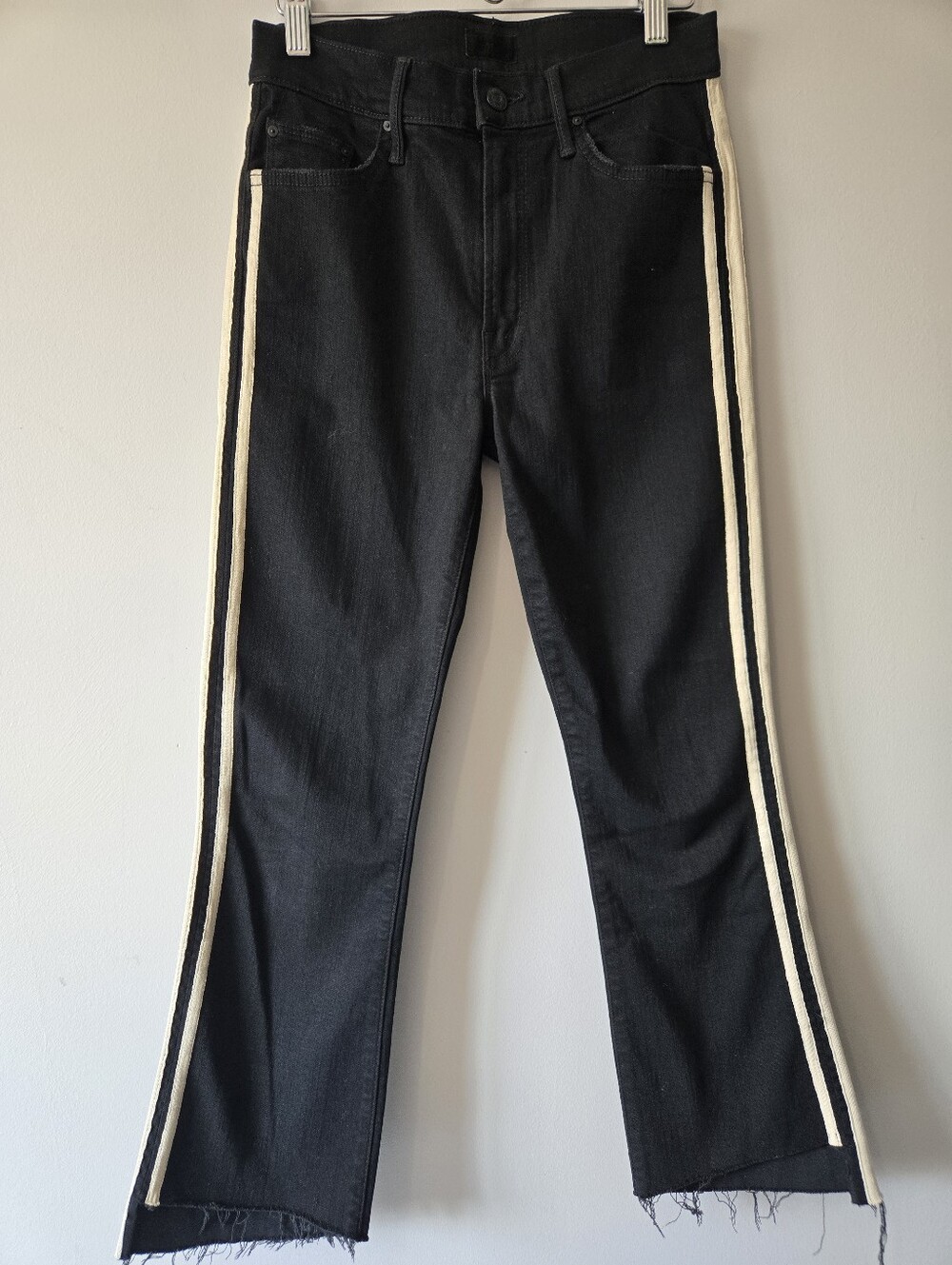 Mother Insider Crop Step Fray Black Jeans with Cream Side Stripes. Size 27